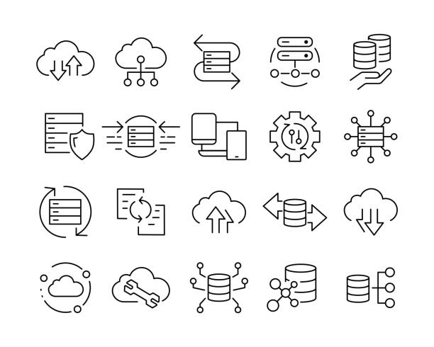 ilustraciones, imágenes clip art, dibujos animados e iconos de stock de iconos de intercambio de datos - iconos de líneas vectoriales - base de datos
