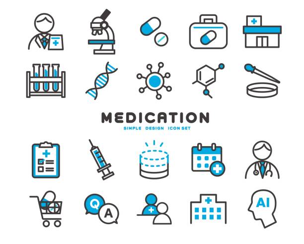 illustrazioni stock, clip art, cartoni animati e icone di tendenza di materiale dell'illustrazione vettoriale delle icone relative all'assistenza medica e alla ricerca sulla scoperta di farmaci - ambulatorio medico