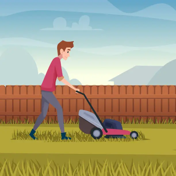 Vector illustration of Cutting grass. Man working lawn mower cartoon background