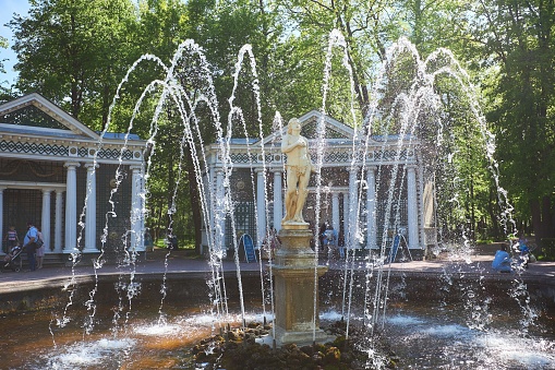 Seattle, WA USA - circa March 2022: Gorgeous view of the International Fountain near the Space Needle in the downtown area on a bright, sunny day.