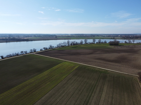 Danube River as an aerial view in Bavaria in spring