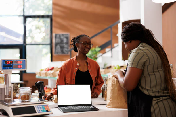 istock Blank laptop screen for bio food shop ad 1881770236