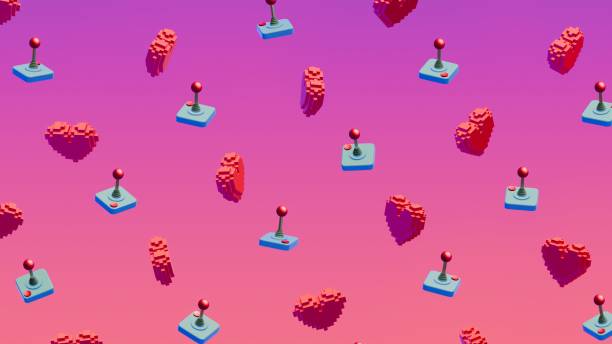 istock Retro gaming pxelated hearts and joystick-like objects against a vibrant gradient background 1881771791