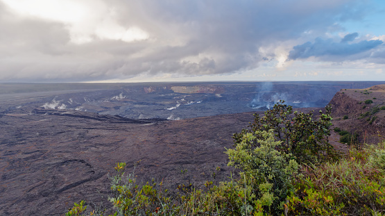 An aerial view of the summit of Kilauea Volcano, in Hawaii Volcanoes National Park