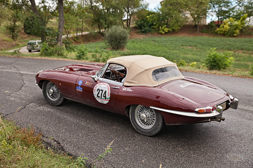 Vintage Jaguar E-Type (1964) in classic car race Gran Premio Nuvolari on September 18, 2016 in Meldola, FC, Italy