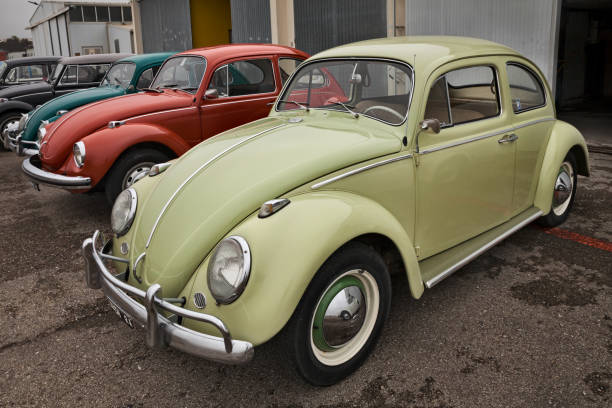 Row of vintage Volkswagen Type 1 Beetle in classic car meeting Battesimo dell'aria, on November 4, 2018 in Lugo, RA, Italy stock photo