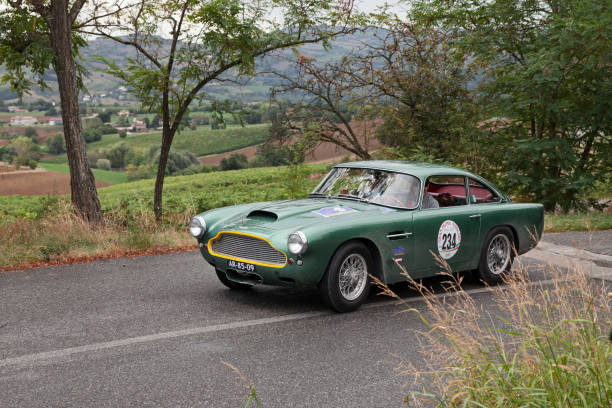 vintage Aston Martin DB4 (1960) in classic car race Gran Premio Nuvolari on September 18, 2016 in Meldola, FC, Italy vintage Aston Martin DB4 (1960) in classic car race Gran Premio Nuvolari on September 18, 2016 in Meldola, FC, Italy premio stock pictures, royalty-free photos & images