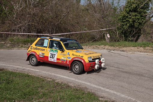 vintage racing car Renault R5 Alpine running in 12th Rally della Romagna. Cesena, Italy - April 8, 2018