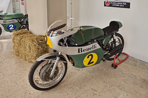 Racing motorcycle Benelli 500 cc that competed in the 1970s world championship with rider Renzo Pasolini. On display at the Loverie festival in Savignano sul Rubicone, FC, Italy, on July 2, 2016