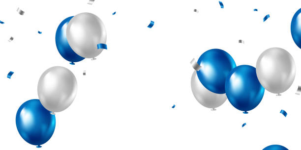 feierhintergrund mit wunderschön arrangierten blauen luftballons. 3dvector illustrationsdesign - white 3d stars stock-grafiken, -clipart, -cartoons und -symbole