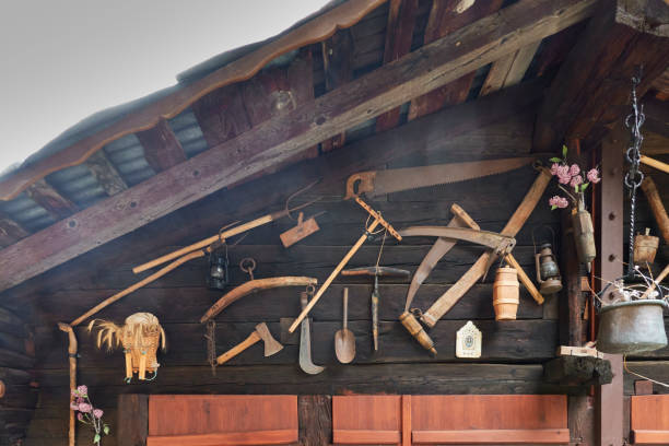 Various antique tools hang on a weathered wooden wall in a workshop, showcasing a rich history of craftsmanship and manual work in a cozy environment.