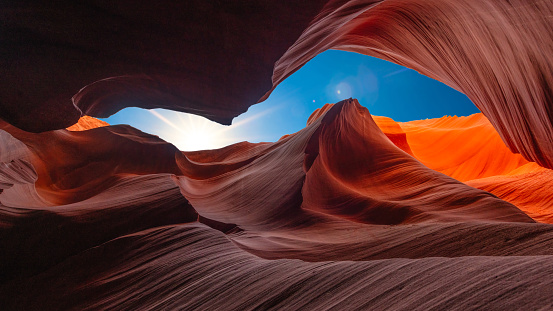A scenic view of the Antelope Canyon against a blue sky in Arizona, USA