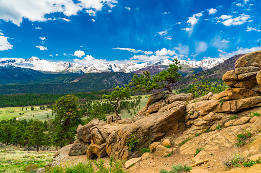 A picturesque view of Rocky Mountain National Park in Colorado on a beautiful sunny day