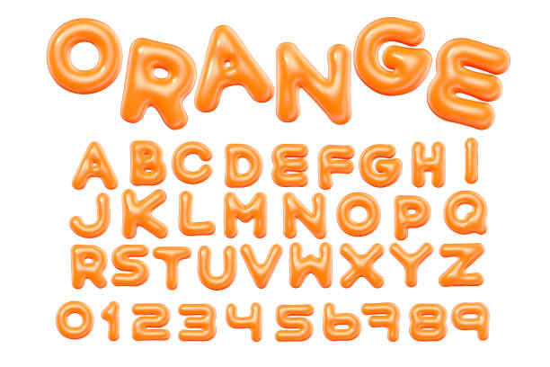 stockillustraties, clipart, cartoons en iconen met 3d style vector of inflated glossy orange alphabet and numbers on white background - hoofdletter