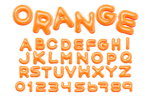 3d style vector of inflated glossy orange alphabet and numbers on white background