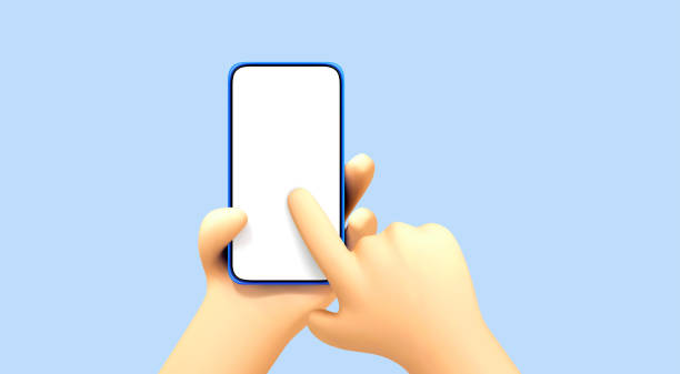 istock Smartphone in cartoon hand with blank white screen and forefinger touching it isolated on blue background. Vector 3d illustration 1881877750