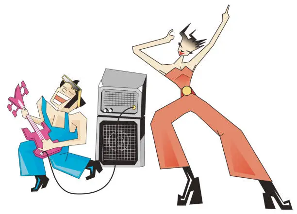 Vector illustration of Young man playing electric guitar and dancing girl