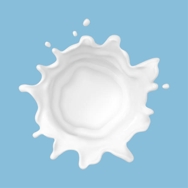 istock Milk splash isolated on blue background. Natural dairy product, yogurt or cream in crown splash with flying drops. Realistic Vector illustration 1881887726