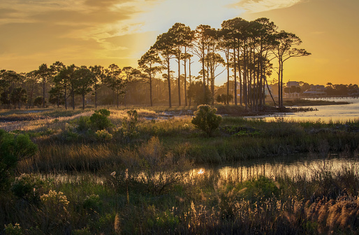 Sunset near Bryant Patton bridge over Apalachicola Bay on St George Island, County Franklin, Florida