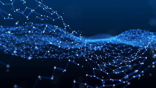 Network of bright connected dots and lines. Abstract dynamic wave of many points. Digital background. 3D rendering.
