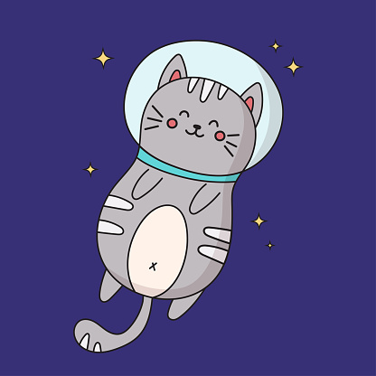 Vector kawaii cat astronaut character flying in space. Greeting card clip art for birthday party flyer, kids print texture and baby shower