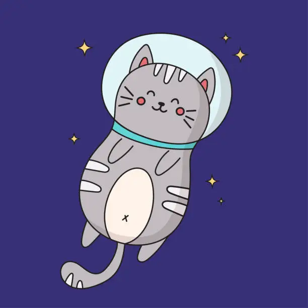 Vector illustration of Vector kawaii cat astronaut character flying in space. Greeting card clip art for birthday party flyer, kids print texture and baby shower