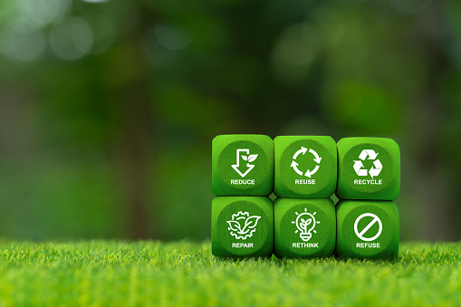 icons related to of reduce, reuse, recycle, repair, rething, refuse on green background blocks. ecological waste management and sustainable and economical lifestyles. ecology concept.