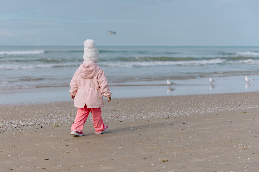 Little child girl walking on ocean coastline. California winter holidays concept.