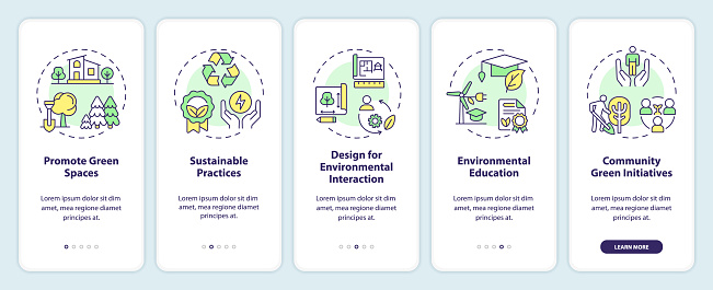 2D icons representing environmental psychology mobile app screen set. Walkthrough 5 steps colorful graphic instructions with line icons concept, UI, UX, GUI template.