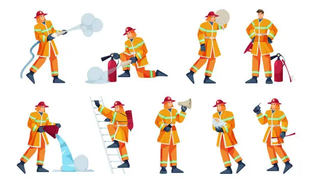 Vector illustration of Brave firefighters putting out fire, isolated men wearing protective helmets and uniforms. Vector flat cartoon character, firemen with hoses and water, ladder to reach window, loudspeakers