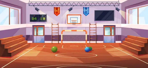 Vector illustration of Gym at school or sports arena for children to practice sportive activities. Vector football net, basketball hoop and balls for exercise. Wooden benches for audience on matches, scoreboard