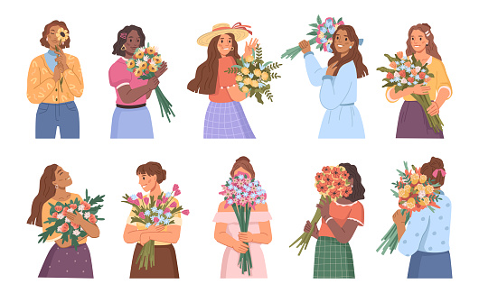 Female personages holding flower compositions in hands. Vector flat cartoon character, isolated happy women with bouquet. Holiday or birthday, romantic gift on anniversary, love and tenderness