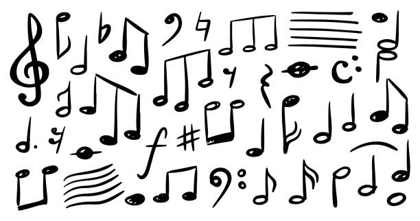 ilustrações, clipart, desenhos animados e ícones de esboço de esboço monocromático de notas musicais. vector isolado melodia doodle, som ou composição, elementos da canção. compondo obras-primas musicais, acordes melódicos e design agudo, desenho animado plano - melodic