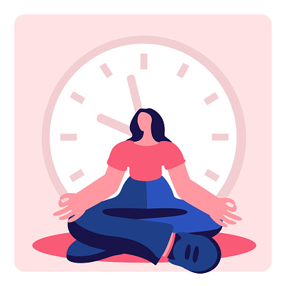 Girl meditates in lotus position against background of time concept of tranquility vector illustration