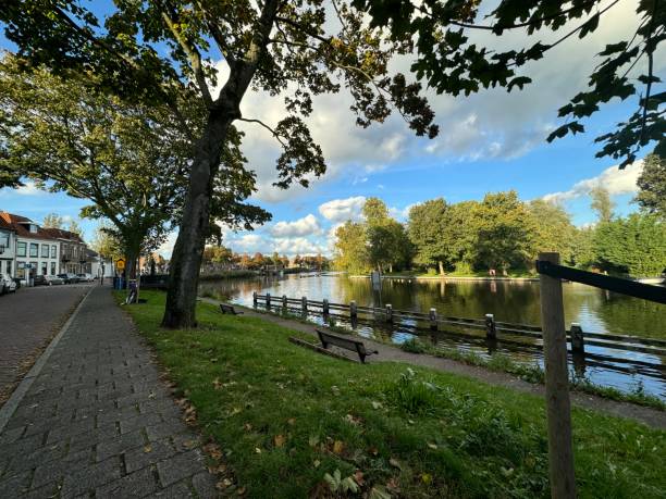 istock bench sitting on the side of a road next to a river 1881990430