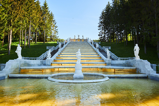 Peterfof, Russia - May 29, 2021: Fountains of the lower park near the Peterhof Palace. Architecture of the 18th century
