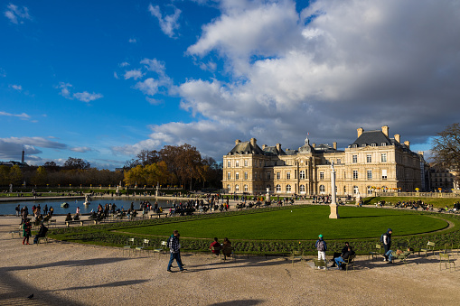 Luxembourg Palace, housing the French Senate, from the gardens under a winter sun