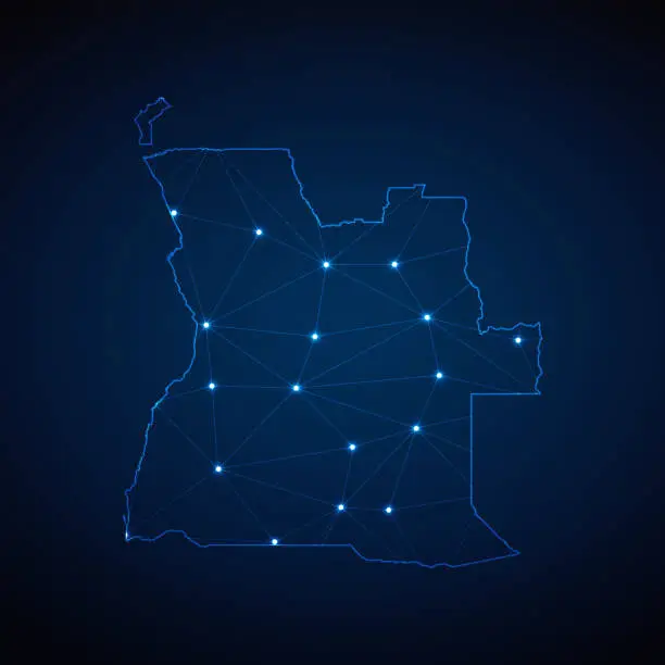 Vector illustration of Abstract wireframe mesh polygonal map of Angola with lights in the form of cities on dark blue background. Vector illustration EPS10