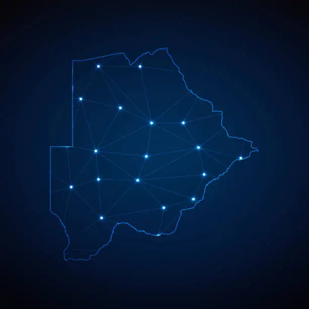 Vector illustration of Abstract wireframe mesh polygonal map of Botswana with lights in the form of cities on dark blue background. Vector illustration EPS10