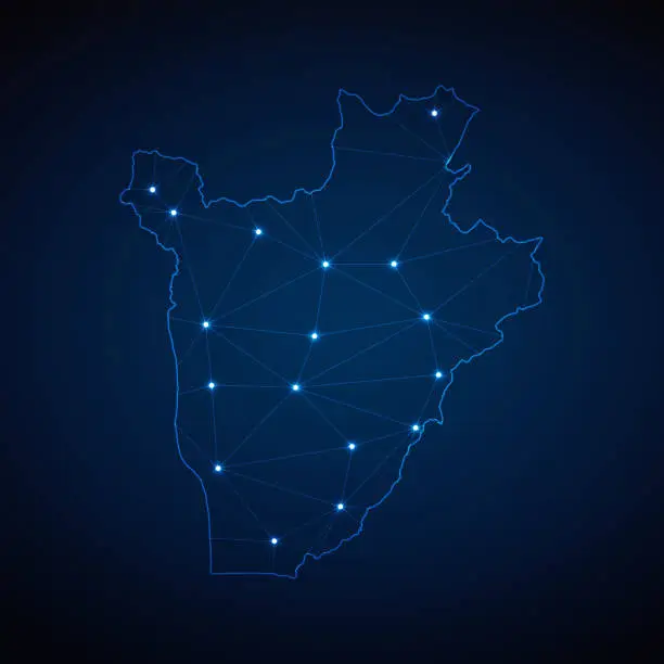 Vector illustration of Abstract wireframe mesh polygonal map of Burundi with lights in the form of cities on dark blue background. Vector illustration EPS10