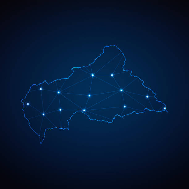 istock Abstract wireframe mesh polygonal map of Central African Republic with lights in the form of cities on dark blue background. Vector illustration EPS10 1882036874