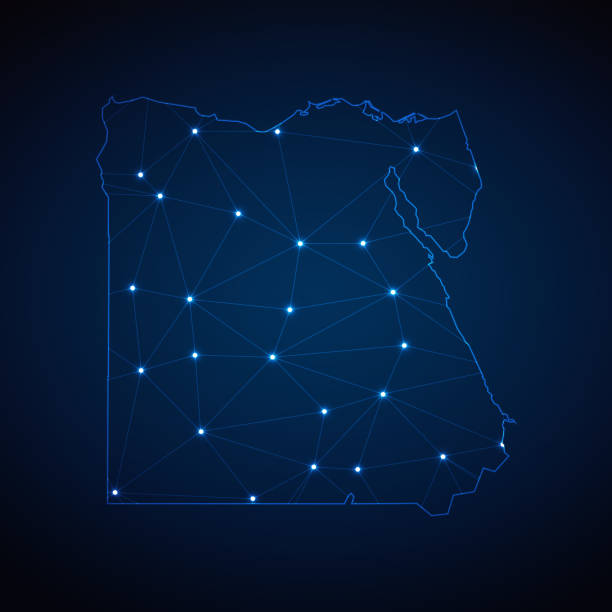 ilustrações de stock, clip art, desenhos animados e ícones de abstract wireframe mesh polygonal map of egypt with lights in the form of cities on dark blue background. vector illustration eps10 - map the future of civilization