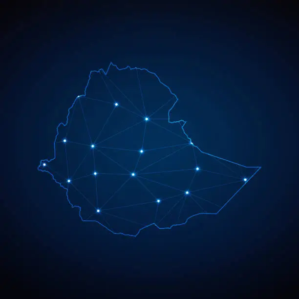 Vector illustration of Abstract wireframe mesh polygonal map of Ethiopia with lights in the form of cities on dark blue background. Vector illustration EPS10