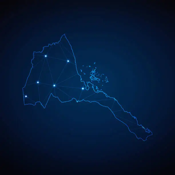 Vector illustration of Abstract wireframe mesh polygonal map of Eritrea with lights in the form of cities on dark blue background. Vector illustration EPS10