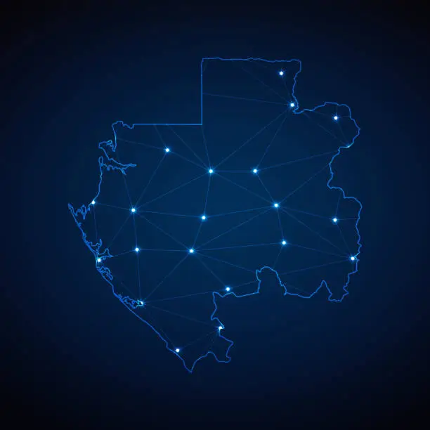 Vector illustration of Abstract wireframe mesh polygonal map of Gabon with lights in the form of cities on dark blue background. Vector illustration EPS10
