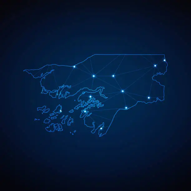 Vector illustration of Abstract wireframe mesh polygonal map of Guinea Bissau with lights in the form of cities on dark blue background. Vector illustration EPS10