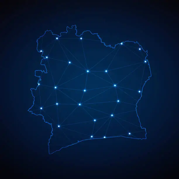 Vector illustration of Abstract wireframe mesh polygonal map of Ivory Coast with lights in the form of cities on dark blue background. Vector illustration EPS10