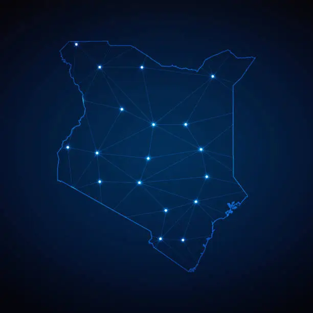 Vector illustration of Abstract wireframe mesh polygonal map of Kenya with lights in the form of cities on dark blue background. Vector illustration EPS10