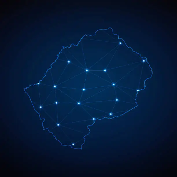 Vector illustration of Abstract wireframe mesh polygonal map of Lesotho with lights in the form of cities on dark blue background. Vector illustration EPS10
