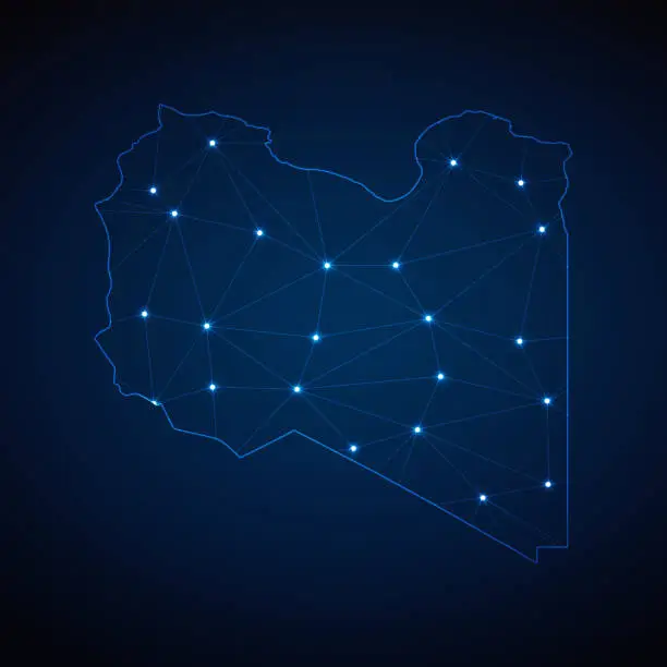 Vector illustration of Abstract wireframe mesh polygonal map of Libya with lights in the form of cities on dark blue background. Vector illustration EPS10